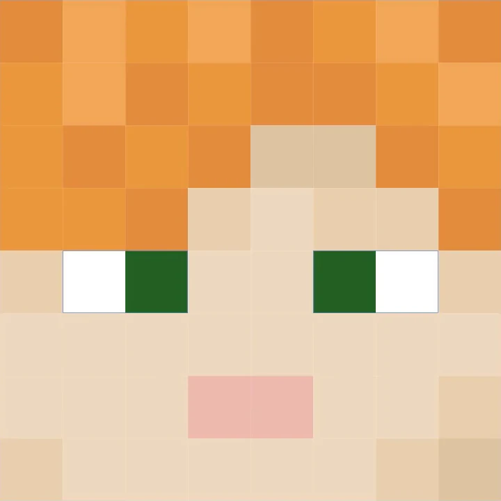 The front of a blocky head with orange hair and its own eyes, white and green, each outlined where it was found.