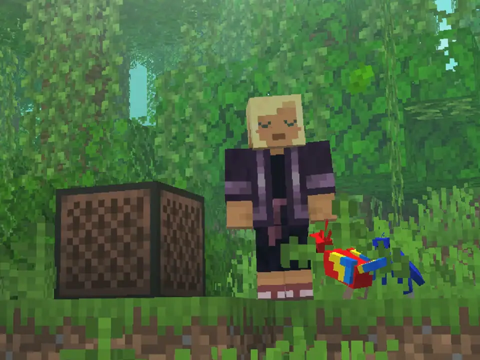 In a jungle, a player dances beside a jukebox with parrots at their feet.