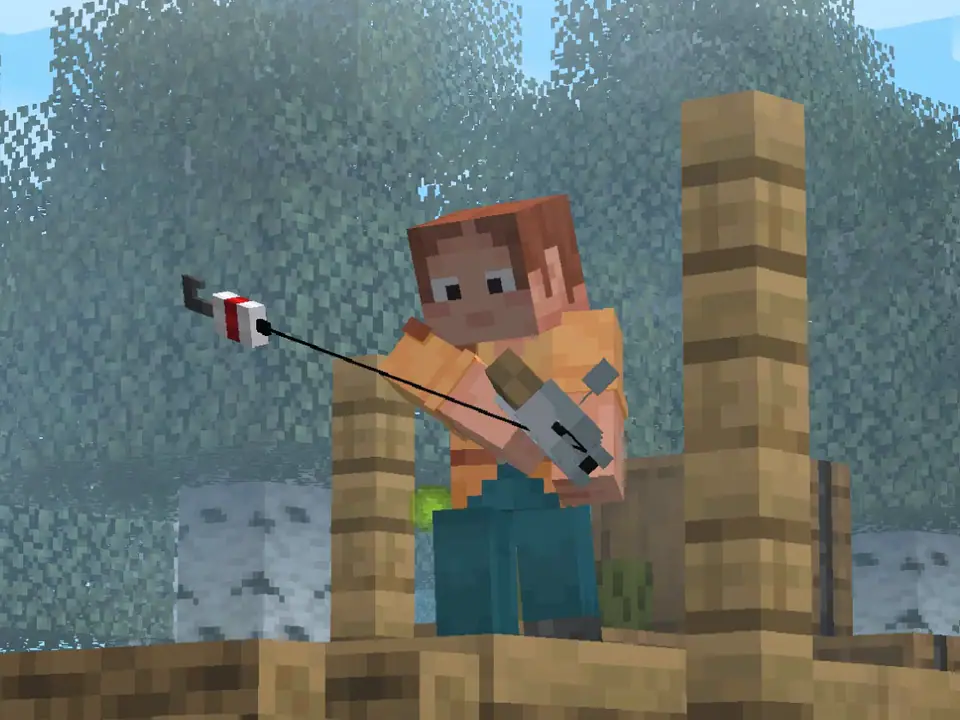 On a wooden dock among birch trees, a player reels in a fishing line, the float in the air.