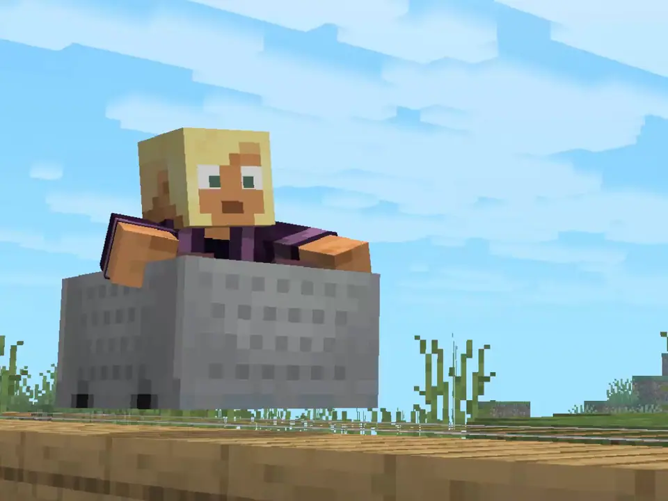 A player sits in a minecart on a rail track above the grass, under a blue sky.