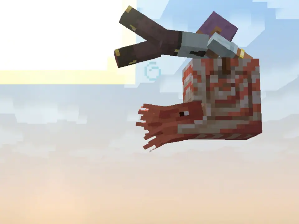 A player rides a striped nautilus as it leaps out of the sea, with the sun behind them.
